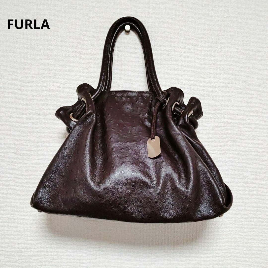 Furla(フルラ)の高級感　FURLA　ハンドバッグ　型押し　オーストリッチ　ブラウン　レザー レディースのバッグ(ハンドバッグ)の商品写真