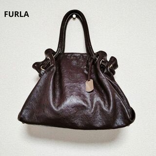 フルラ(Furla)の高級感　FURLA　ハンドバッグ　型押し　オーストリッチ　ブラウン　レザー(ハンドバッグ)