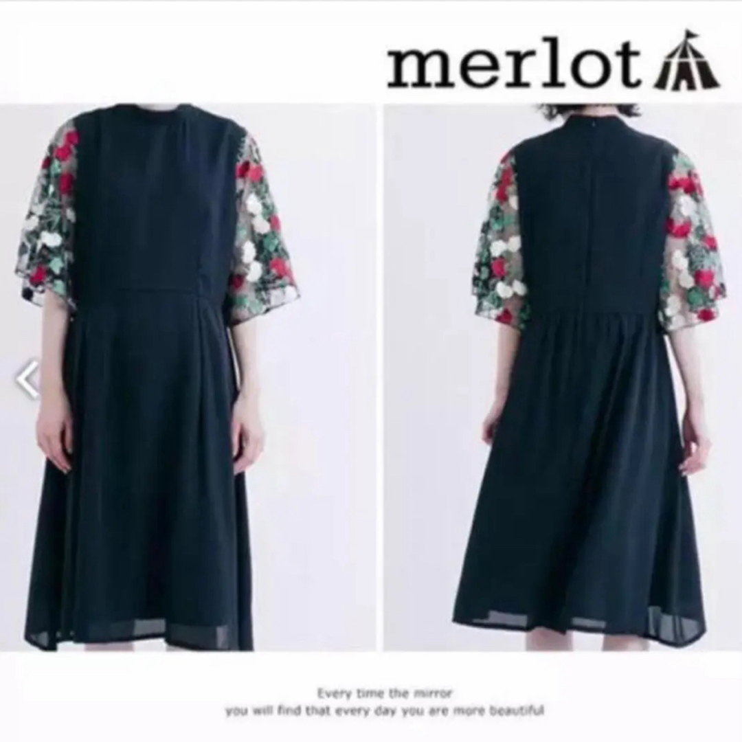 merlot(メルロー)の新品♡メルロー♡ 花刺繍レース スリーブ ワンピース  黒 レディースのワンピース(ひざ丈ワンピース)の商品写真