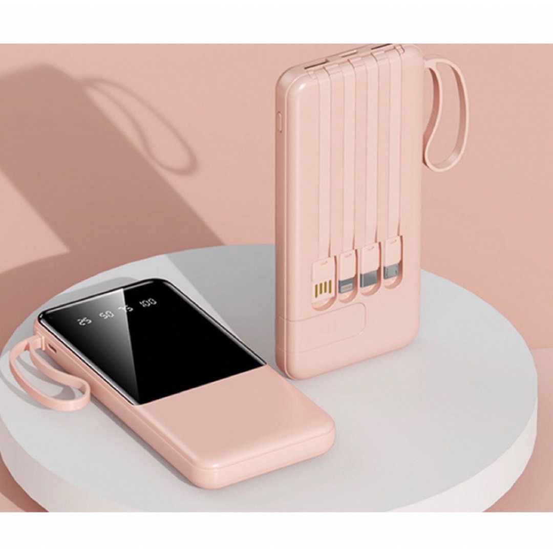 4in1ケーブル内蔵 モバイルバッテリー 小型 携帯便利PSE認証ピンク  スマホ/家電/カメラのスマートフォン/携帯電話(バッテリー/充電器)の商品写真