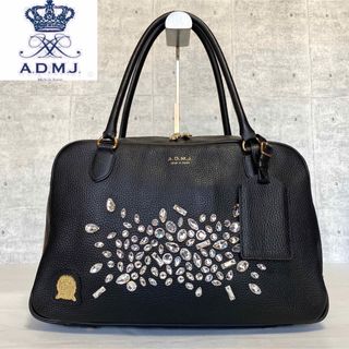 エーディーエムジェイ(A.D.M.J.)の【美品】A.D.M.J シュリンク型 黒 スワロフスキー A4 ボストンバッグ(ハンドバッグ)