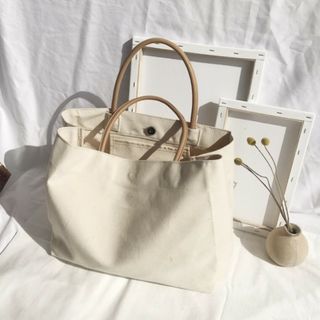 ✨ビッグサイズキャンバストート ベージュ きなり プチプラ 美品 綺麗 マチ付き(トートバッグ)