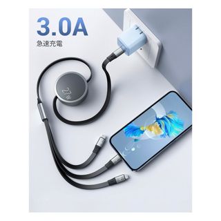 高速充電❤️3in1充電ケーブル 27ｗ巻き取り式ケーブ(その他)