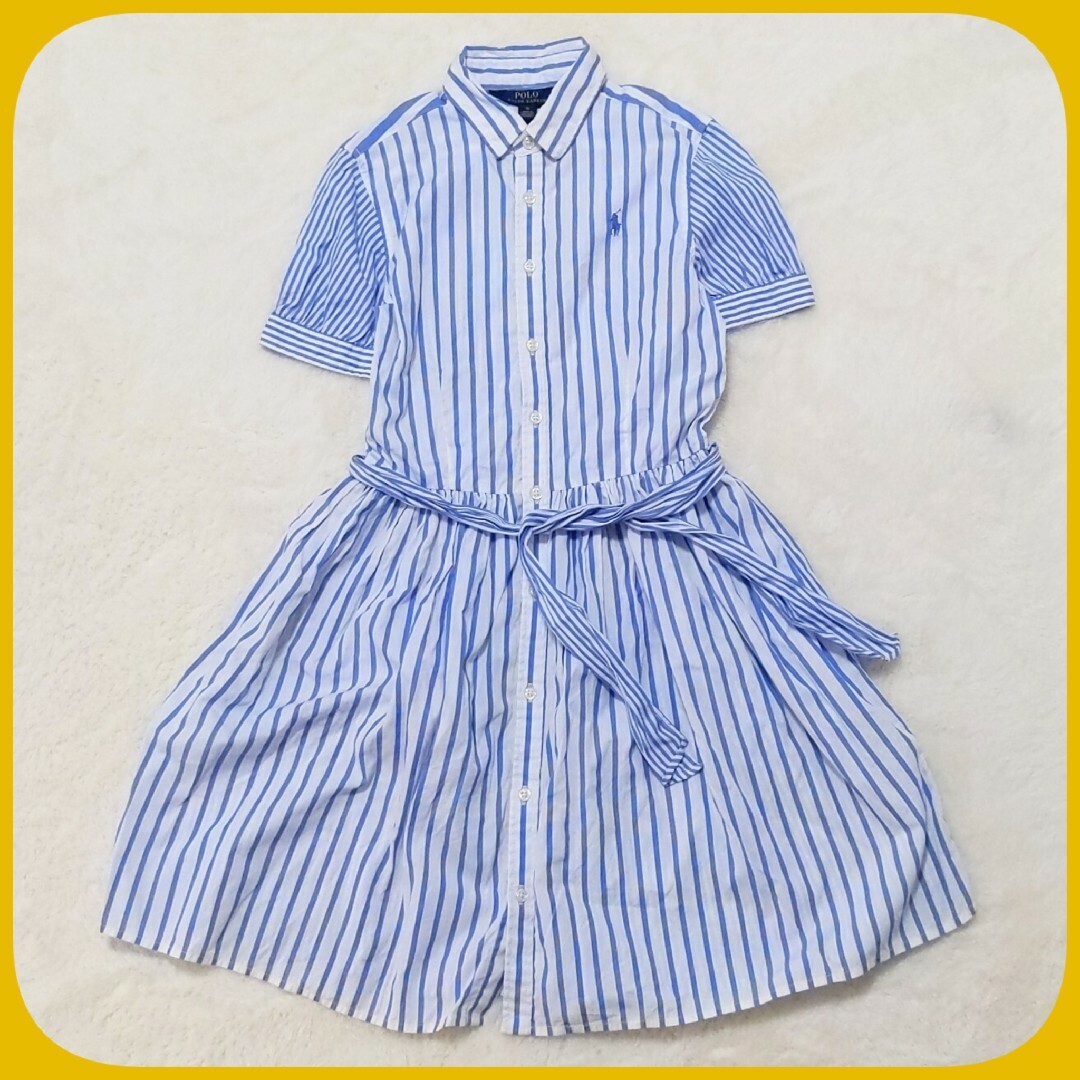 美品 POLO RALPH LAUREN 半袖 ワンピース 水色 ストライプ M- 美品 POLO RALPH LAUREN 半袖 ワンピース 水色 ストライプ M-
