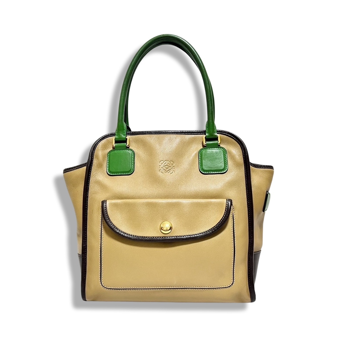 LOEWE ロエベ ヴィンテージ ORO アナグラム レザー トートバッグ ベージュ グリーンCondition-状態-