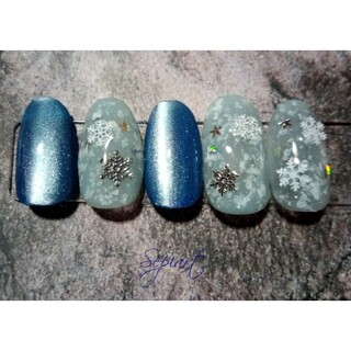 ジェルネイルチップ☆付け爪〜雪の結晶×ブルー5ミクロンマグネットネイル