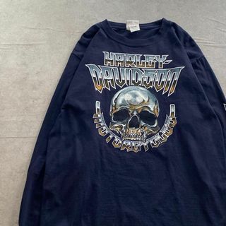 ハーレーダビッドソン(Harley Davidson)のロンT　ハーレーダビッドソン　両袖プリント　スカル　古着　ネイビー　M(Tシャツ/カットソー(七分/長袖))