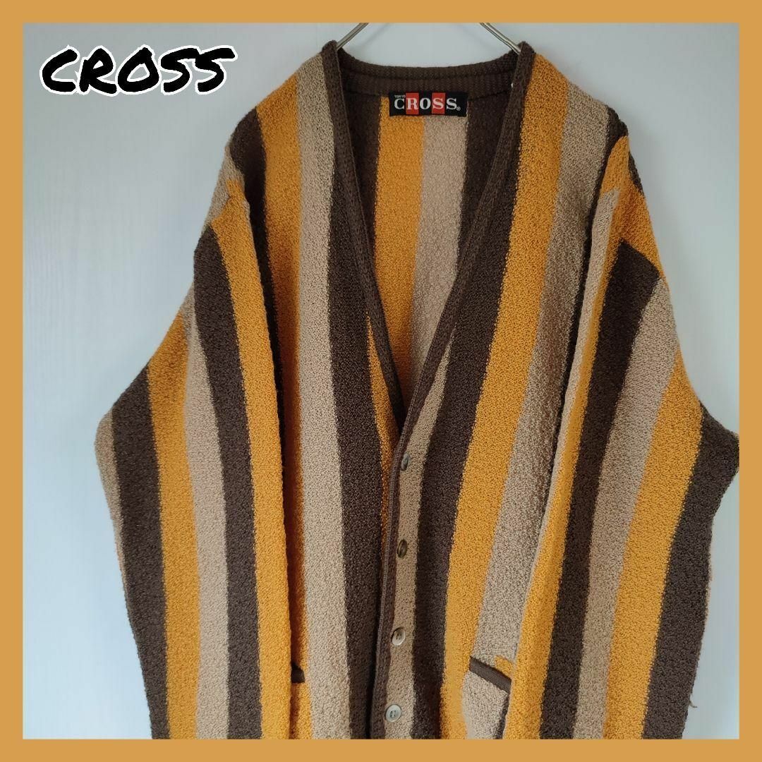 CROSS(クロス)のCROSS クロス カーディガン ダブルポケット ストライプ マルチカラー 古着 メンズのトップス(カーディガン)の商品写真