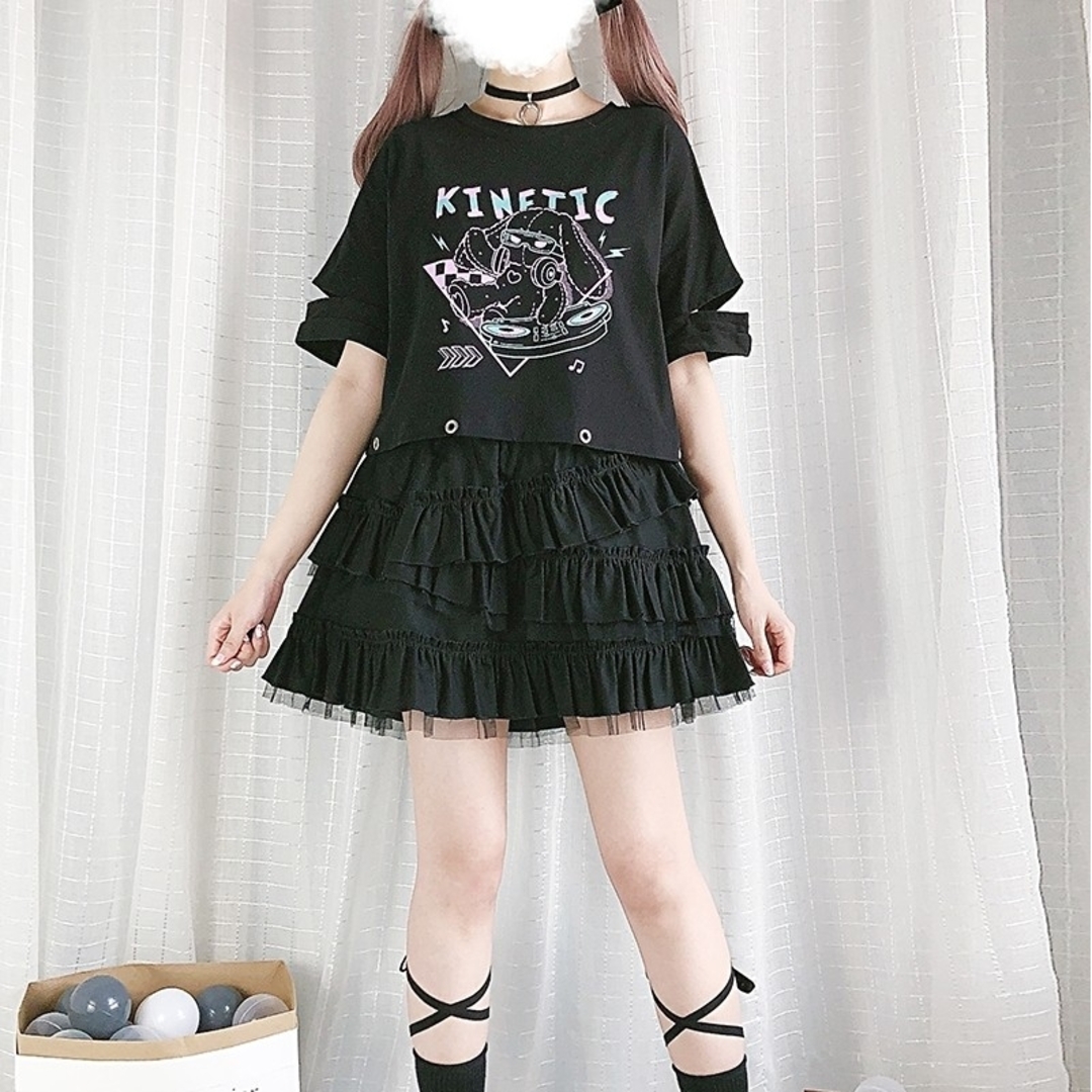 レディース 夢かわ 量産系 2DTシャツ ラウンドネック ミニスカート ティアー レディースのスカート(ミニスカート)の商品写真