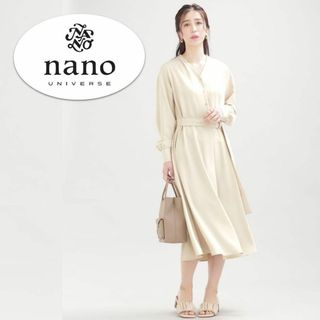 ナノユニバース(nano・universe)の結婚式二次会にも！Vネックフレアとろみワンピース アイボリーベージュ(ロングワンピース/マキシワンピース)