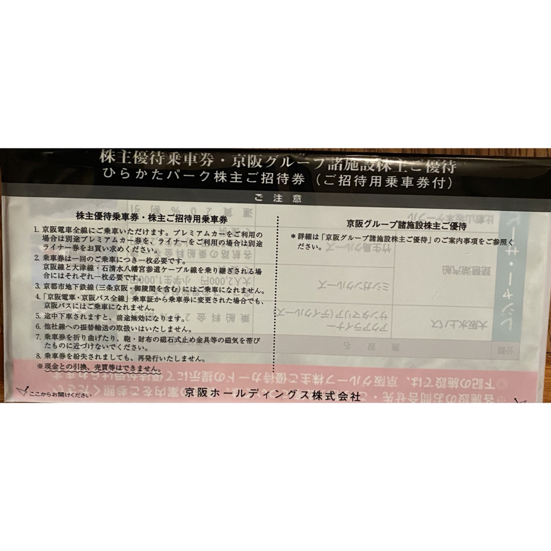 京阪　株主優待　ひらかたパーク　未開封 チケットの乗車券/交通券(鉄道乗車券)の商品写真