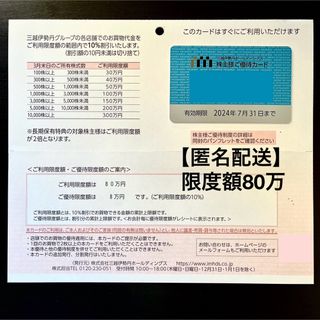 ミツコシ(三越)の【匿名配送】三越伊勢丹 株主優待 カード 限度額 80万円(ショッピング)