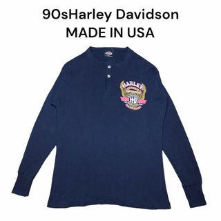 ハーレーダビッドソン(Harley Davidson)の90sハーレーダビッドソン　ビッグプリント　ヘンリーネック　ロンT　USA製(スウェット)