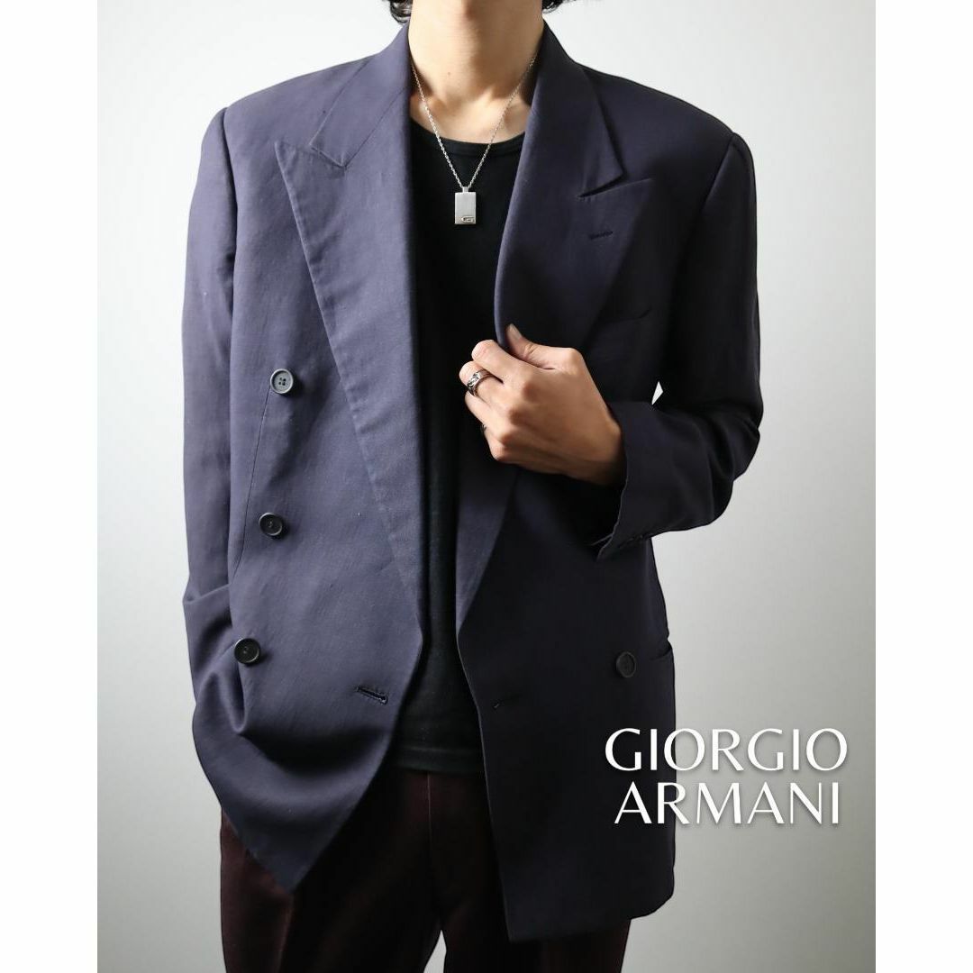 arieテーラードジャケット✿【ジョルジオアルマーニ】イタリア製 リネン混 ダブル テーラードジャケット 濃紺