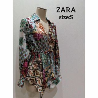 ザラ(ZARA)のZARA ザラ 総柄 ボタニカル柄 スキッパー 長袖 シャツ ブラウス S(シャツ/ブラウス(長袖/七分))