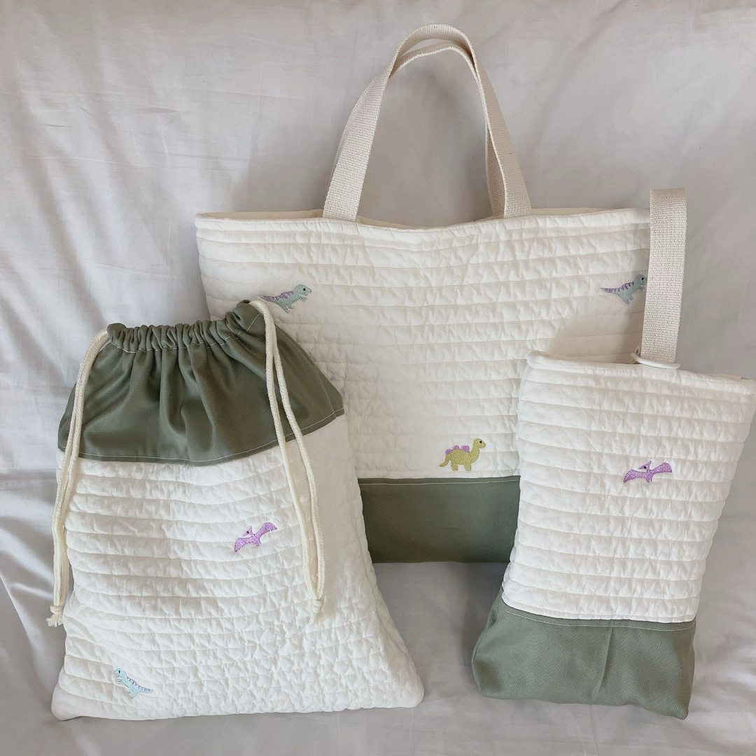 レッスンバッグ 上履き入れ 体操服袋 ヌビ 恐竜刺繍 入園入学3点セット レッスンバッグ 上履き入れ 体操服袋 ヌビ 恐竜刺繍 入園入学3点セット