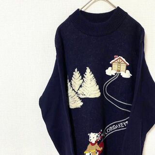 ナチュラルヴィンテージ(natuRAL vintage)のニット セーター 刺繍 アニマル ウール アート レトロ感 ネイビー(ニット/セーター)