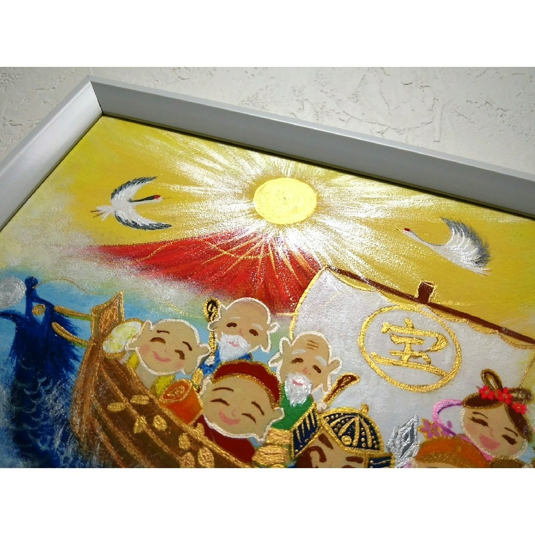 風水開運絵画＊宝舟七福神～龍と共に夫婦鶴も赤富士へ～福徳円満　金運　健康子宝　技 エンタメ/ホビーの美術品/アンティーク(絵画/タペストリー)の商品写真