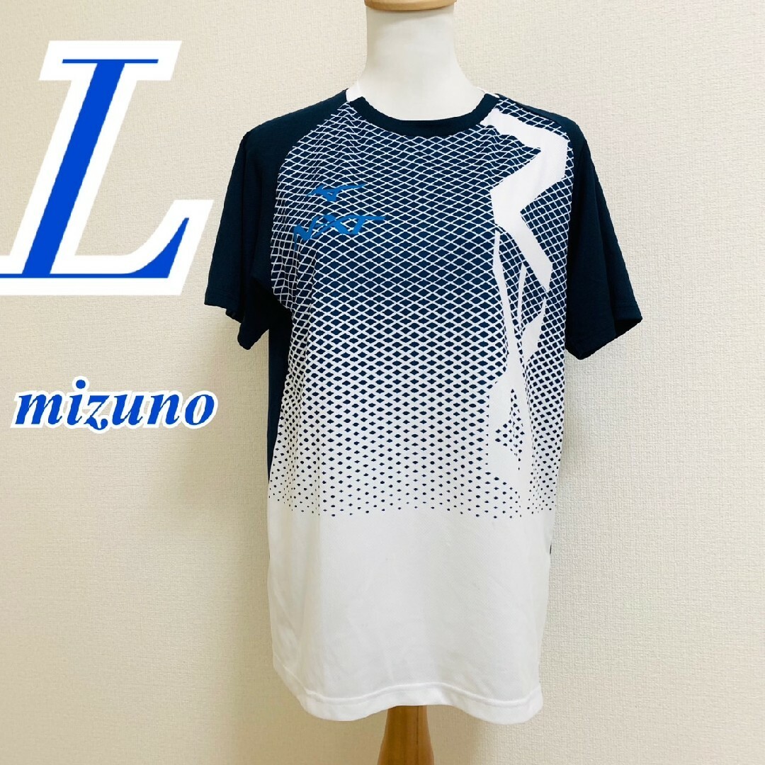 MIZUNO(ミズノ)のミズノ　半袖カットソー　メンズ　L　ネイビー　ホワイト　総柄　スポーツウェア メンズのトップス(Tシャツ/カットソー(半袖/袖なし))の商品写真