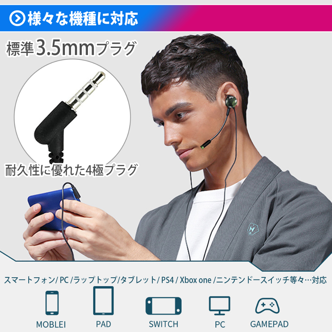 イヤホン マイク　グリーン　ゲーミングイヤホン フォートナイト　迷彩　有線 スマホ/家電/カメラのオーディオ機器(ヘッドフォン/イヤフォン)の商品写真