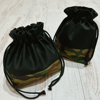 ブラック×カモフラ/お弁当袋&コップ袋(ランチボックス巾着)