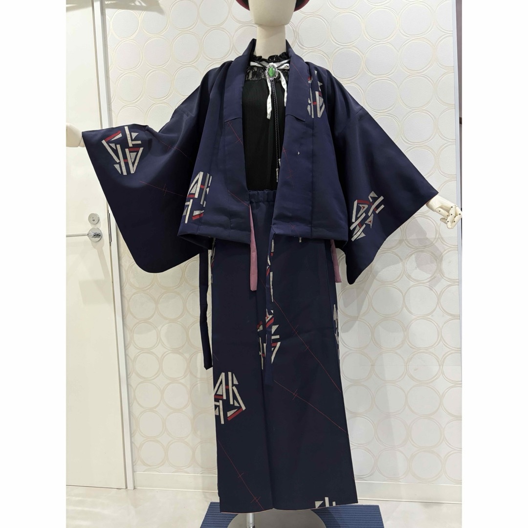 着物リメイク 濃藍 アンティーク ショート丈羽織 巻スカート レディースのワンピース(ロングワンピース/マキシワンピース)の商品写真