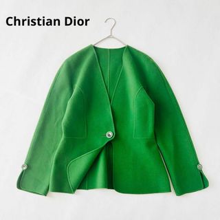 クリスチャンディオール(Christian Dior)のクリスチャンディオール　ダブルフェイスリバーコート　ノーカラー　緑色　Lサイズ(ピーコート)