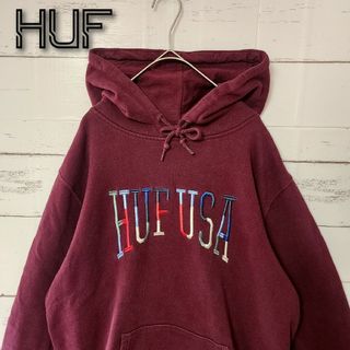 ハフ(HUF)の《希少》HUF ハフ パーカー ボルドー レッド 刺繍ロゴ USA カラフル(パーカー)