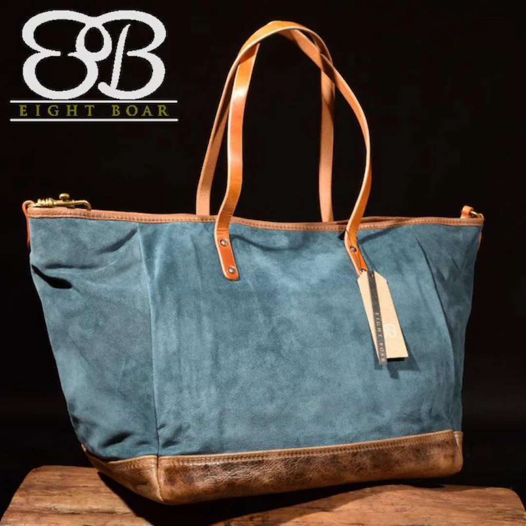 ◆牛本革スウェード地 大き目トートバッグ マザーズバッグブルー×ブラウン◆k08 メンズのバッグ(トートバッグ)の商品写真