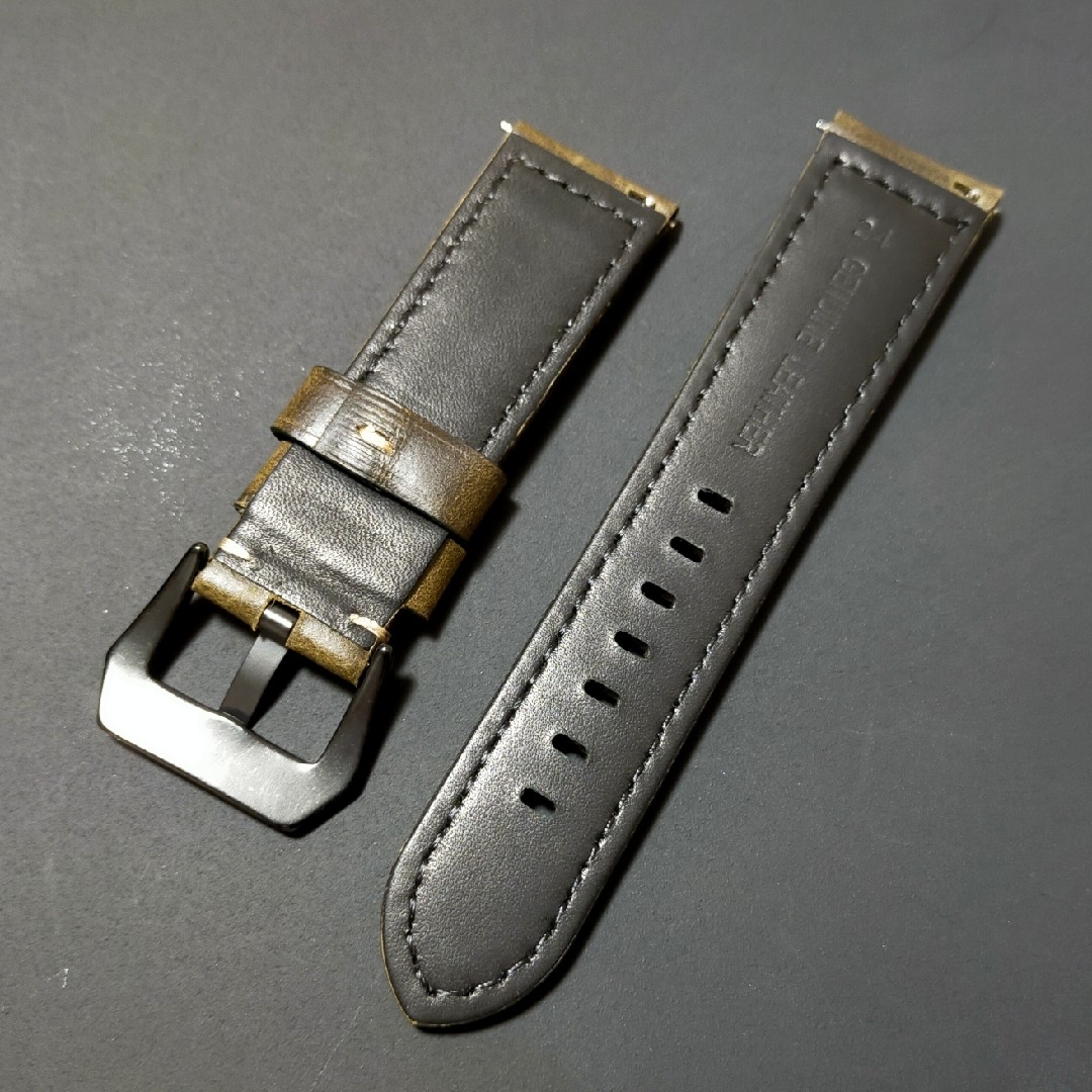 腕時計バンド　レザーベルト　24mm ブラウン　オリーブ色　ワックスレザー メンズの時計(レザーベルト)の商品写真