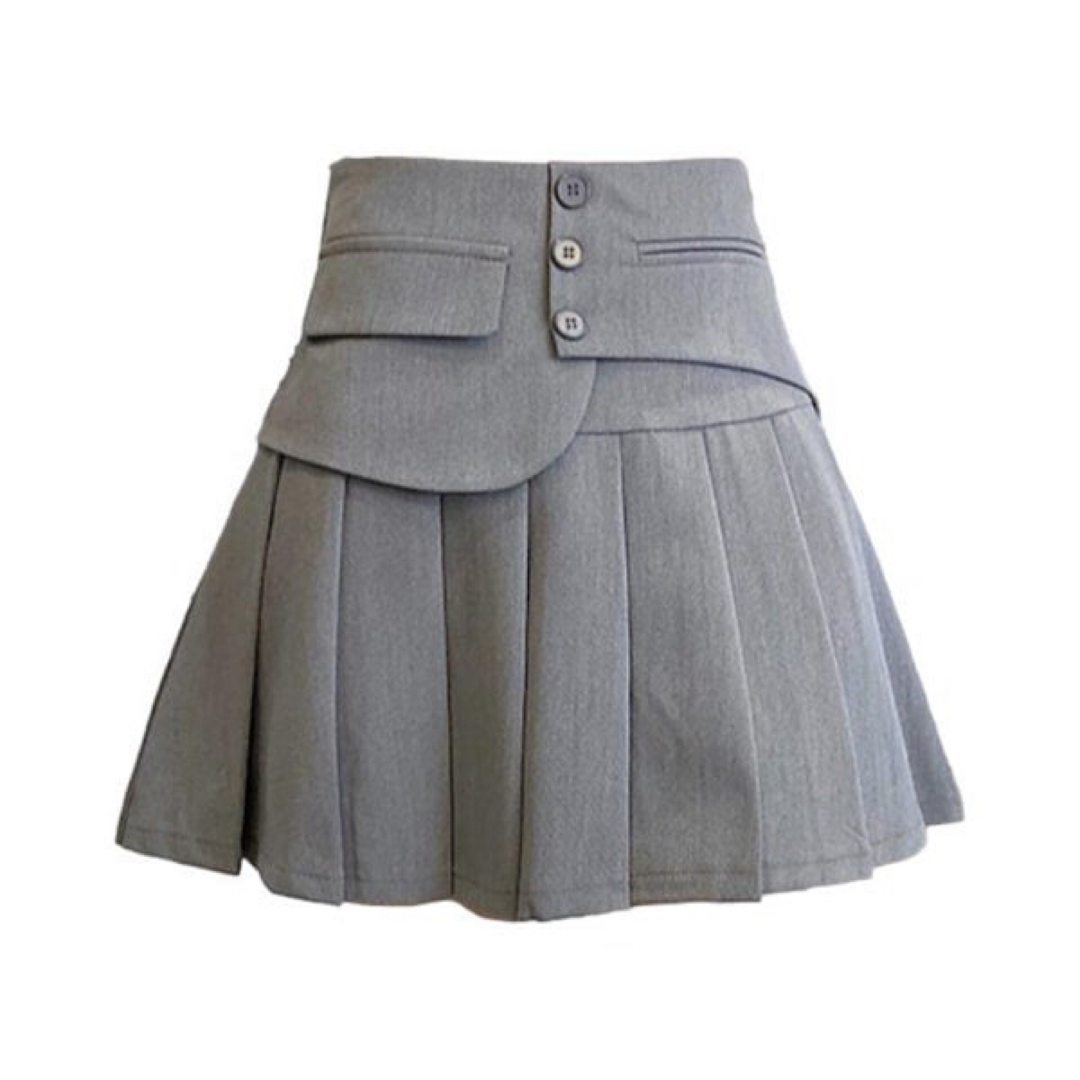 【L・グレー】新品 ミニスカート ボタン止めプリーツスカート 洋服 レディースのスカート(ミニスカート)の商品写真