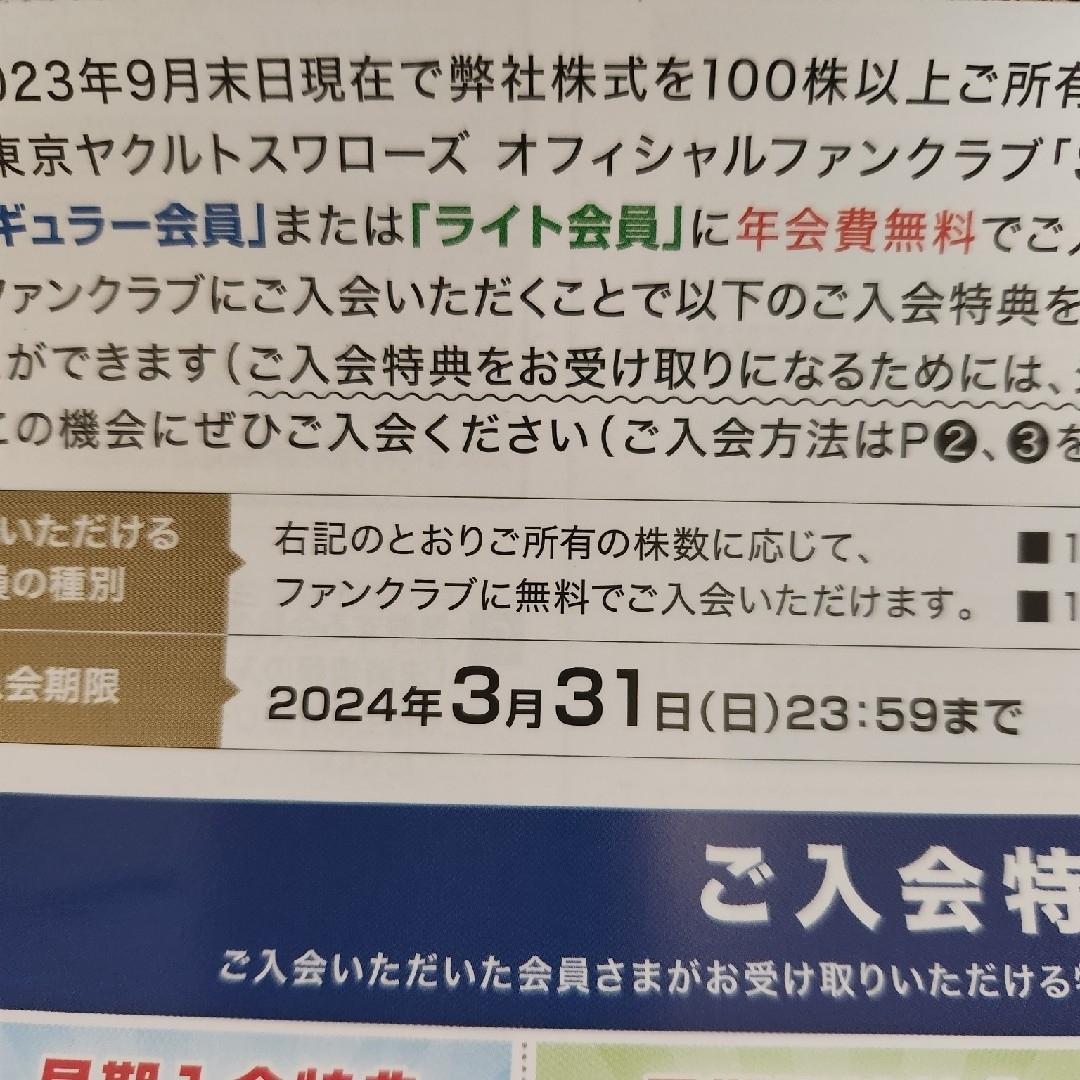 東京ヤクルトスワローズ(トウキョウヤクルトスワローズ)のヤクルト株主優待　匿名配送 チケットの優待券/割引券(その他)の商品写真