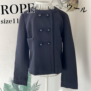 ロペ(ROPE’)のROPEロペ　ノーカラーツイードジャケットコート11★ブラック黒　ウール100(ノーカラージャケット)