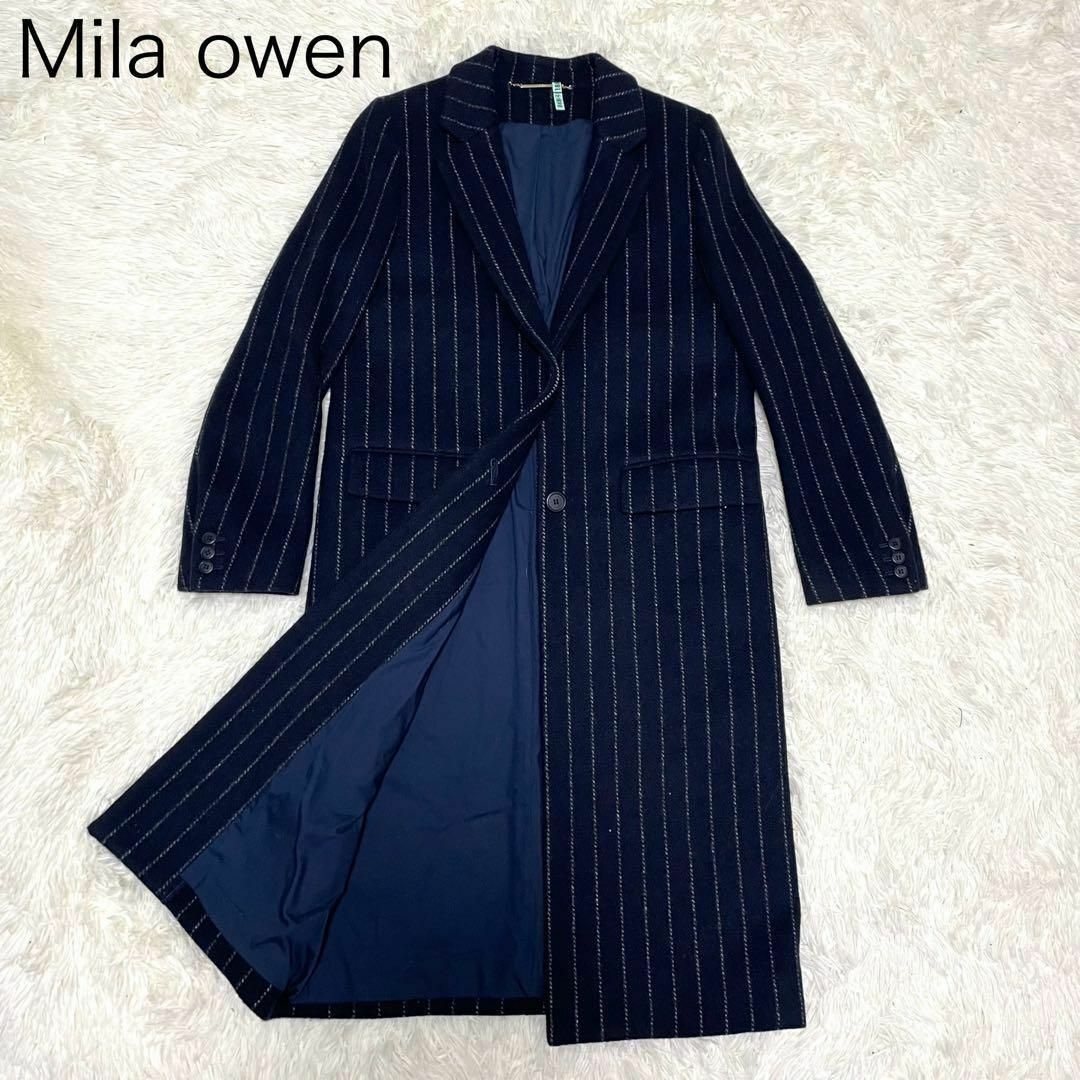 Mila Owen(ミラオーウェン)の【Mila owen】ロングコート ネイビー ストライプ レディースのジャケット/アウター(チェスターコート)の商品写真