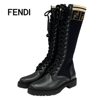 フェンディ(FENDI)のフェンディ FENDI ブーツ ロングブーツ 靴 シューズ レザー ニット ブラック ズッカ レースアップ(ブーツ)