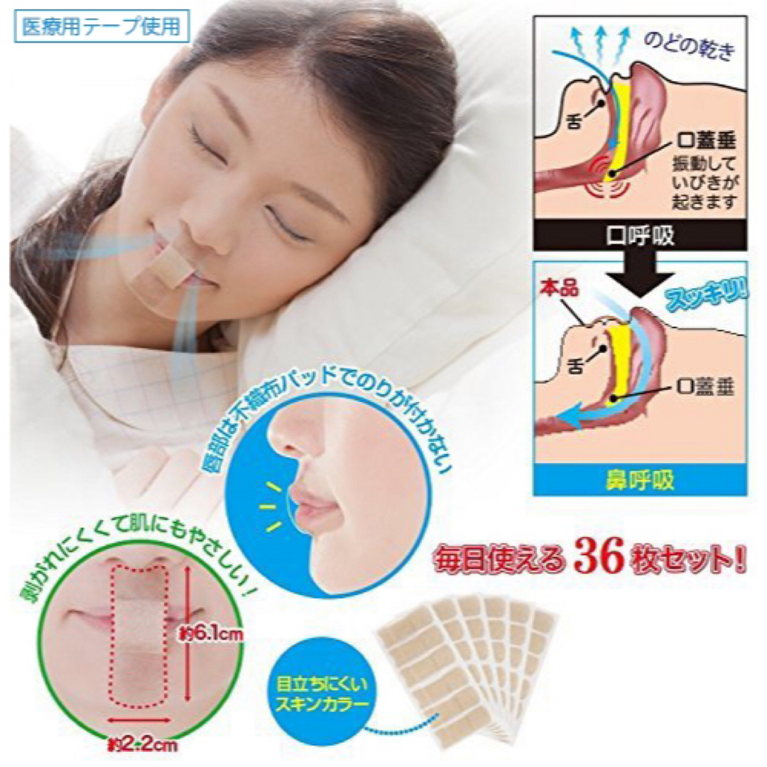 口閉じるテープ いびき防止 グッズ 180回用 鼻孔拡張 睡眠 鼻呼吸 新品 コスメ/美容のリラクゼーション(その他)の商品写真