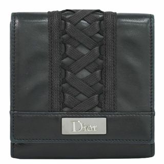 クリスチャンディオール(Christian Dior)の本物 クリスチャン ディオール Christian Dior レザー 折財布 コンパクトウォレット ブラック 財布 ウォレット 中古(財布)