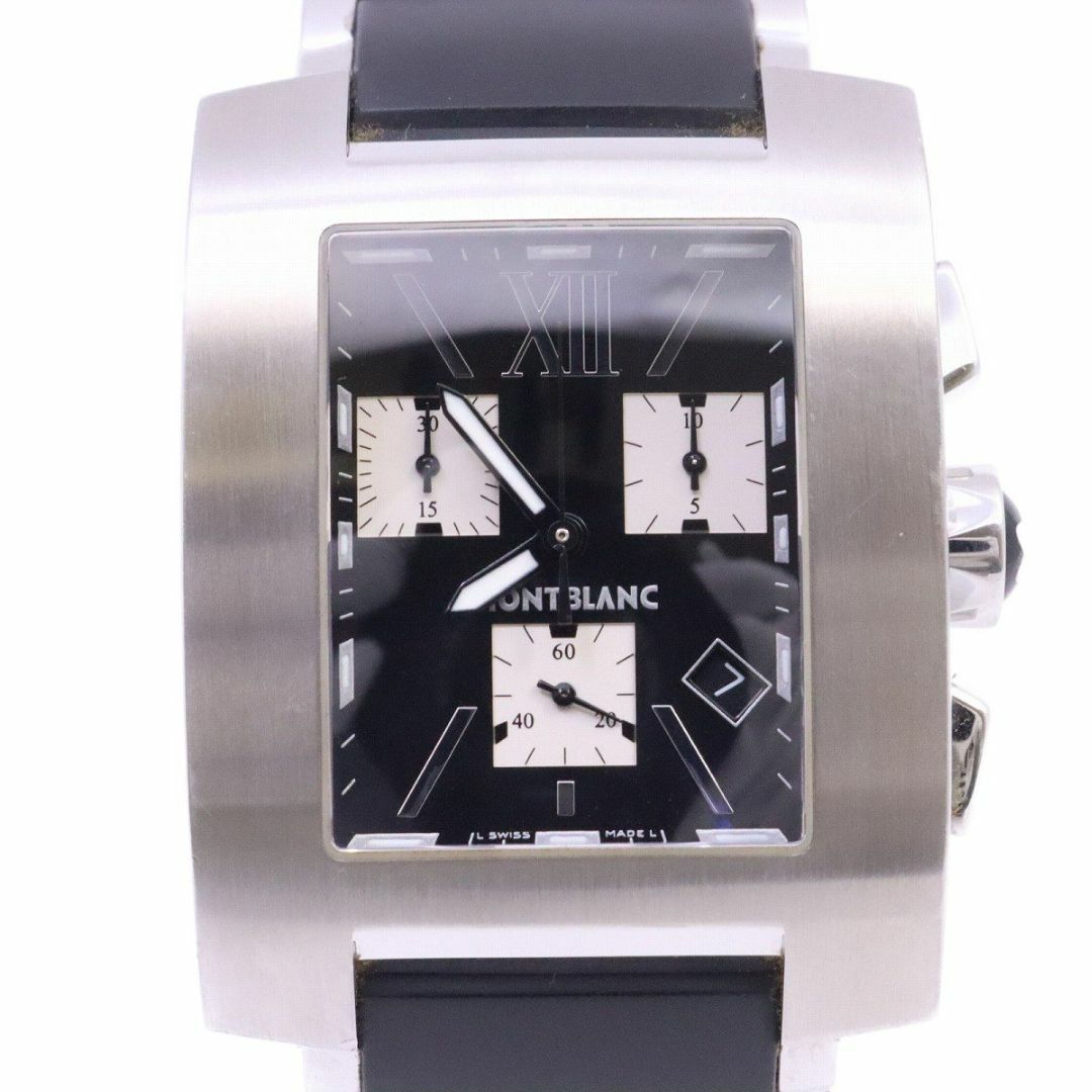 ブラック×シルバーケースサイズモンブラン プロファイル クロノグラフ クォーツ メンズ 腕時計 黒文字盤 純正ラバー×SSベルト 7049