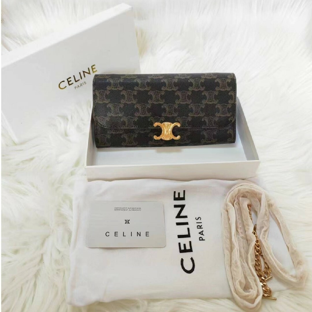 Celine 長財布 トリオンフ フラップ タン ゴールド金具 ブラウン - 財布