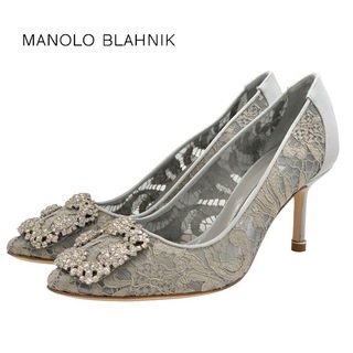 マノロブラニク(MANOLO BLAHNIK)のマノロブラニク MANOLO BLAHNIK ハンギシ パンプス 靴 シューズ ファブリック グレー ビジュー レース パーティーシューズ(ハイヒール/パンプス)