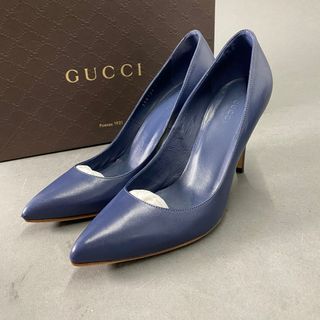 グッチ(Gucci)の2L5《伊製》GUCCI グッチ 37 1/2(24.5cm相当)ネイビー レザーパンプス ポインテッドトゥ レディース 靴 ヒールパンプス(ハイヒール/パンプス)