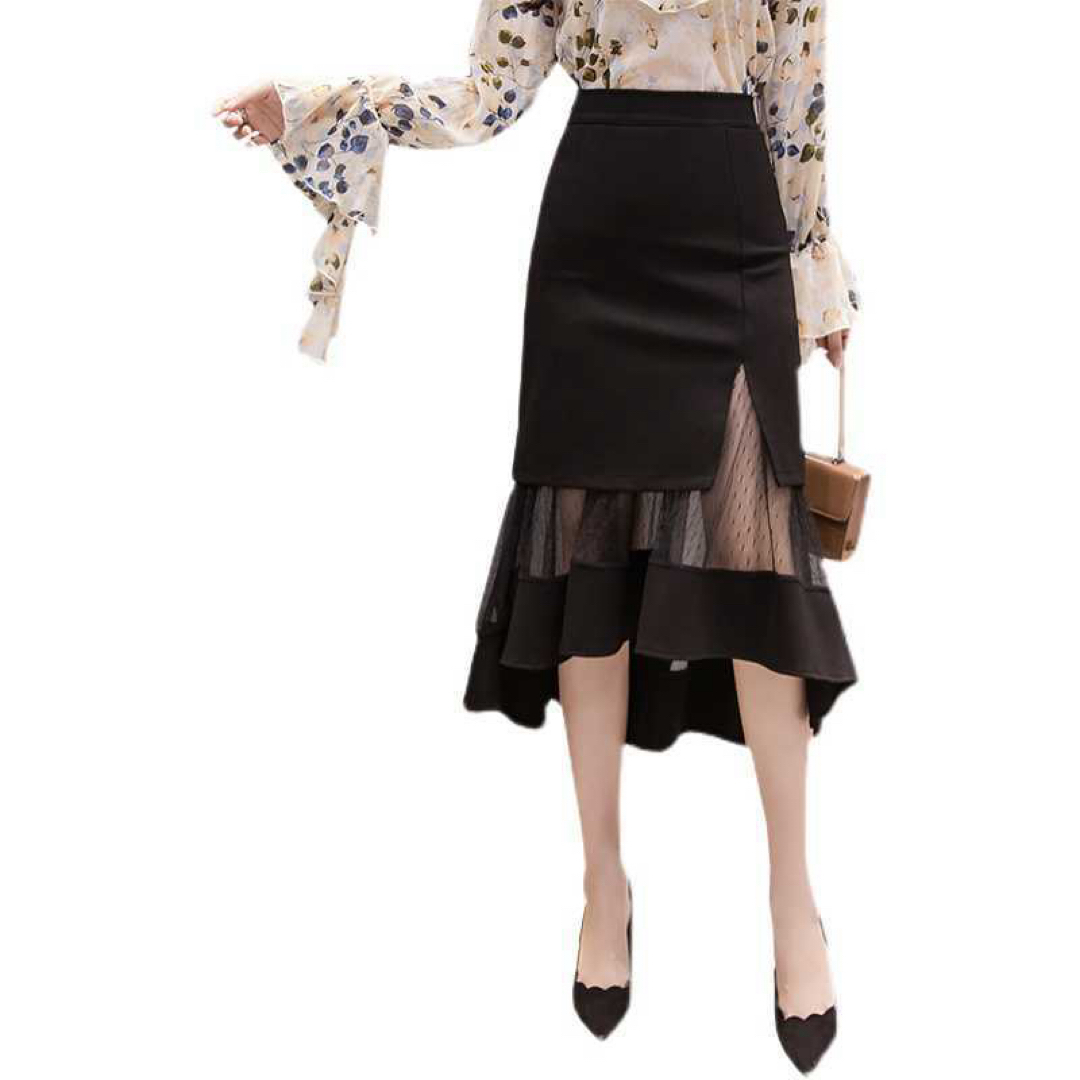 スリッドシースルーロングスカート　ブラックL レディースのスカート(ひざ丈スカート)の商品写真
