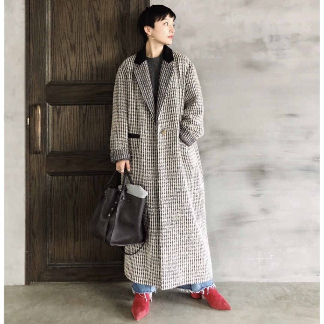 mame(マメ)の新品mame Plaid Lame Tweed Long Coat - grey レディースのジャケット/アウター(ロングコート)の商品写真