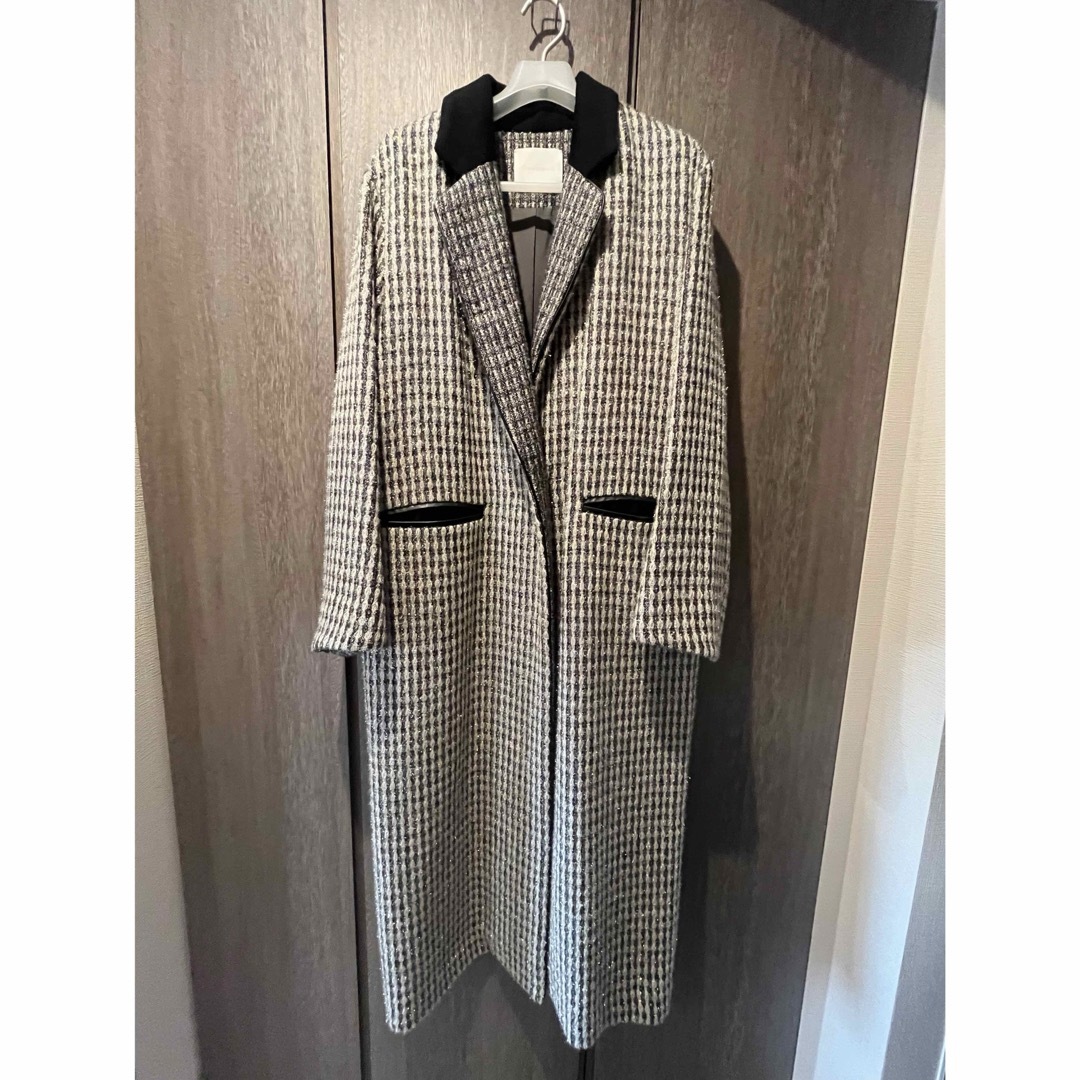 mame(マメ)の新品mame Plaid Lame Tweed Long Coat - grey レディースのジャケット/アウター(ロングコート)の商品写真