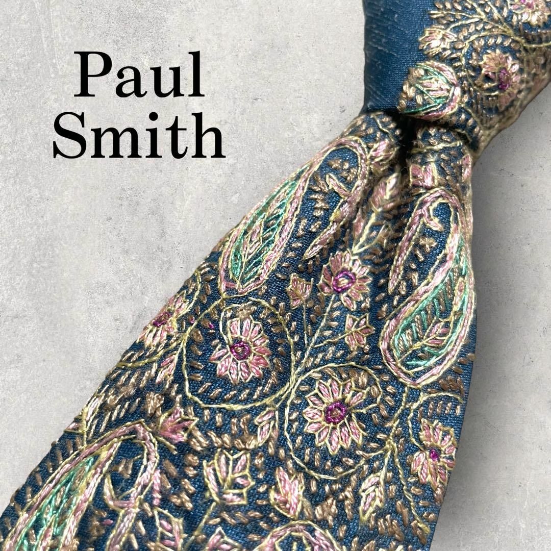 美品 英国製 Paul Smith ポールスミス 花柄 刺繍 ネクタイ ブルーのサムネイル