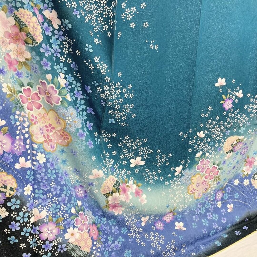 京友禅 銀通し 金駒刺繍 2点セット 振袖 袋帯 桜 正絹 青緑 ピンク 045