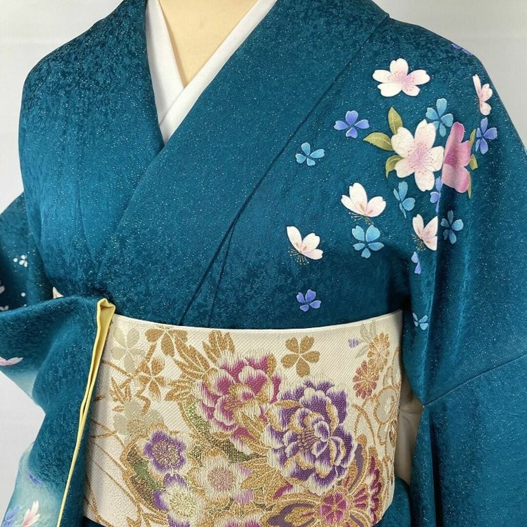 京友禅 銀通し 金駒刺繍 2点セット 振袖 袋帯 桜 正絹 青緑 ピンク 045