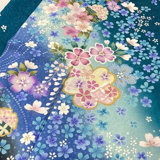 京友禅 銀通し 金駒刺繍 2点セット 振袖 袋帯 桜 正絹 青緑 ピンク 045