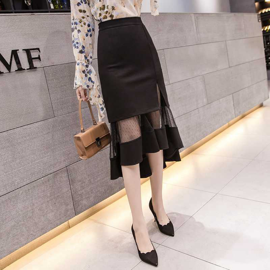 スリッド　シースルーロングスカート　ブラックS レディースのスカート(ひざ丈スカート)の商品写真