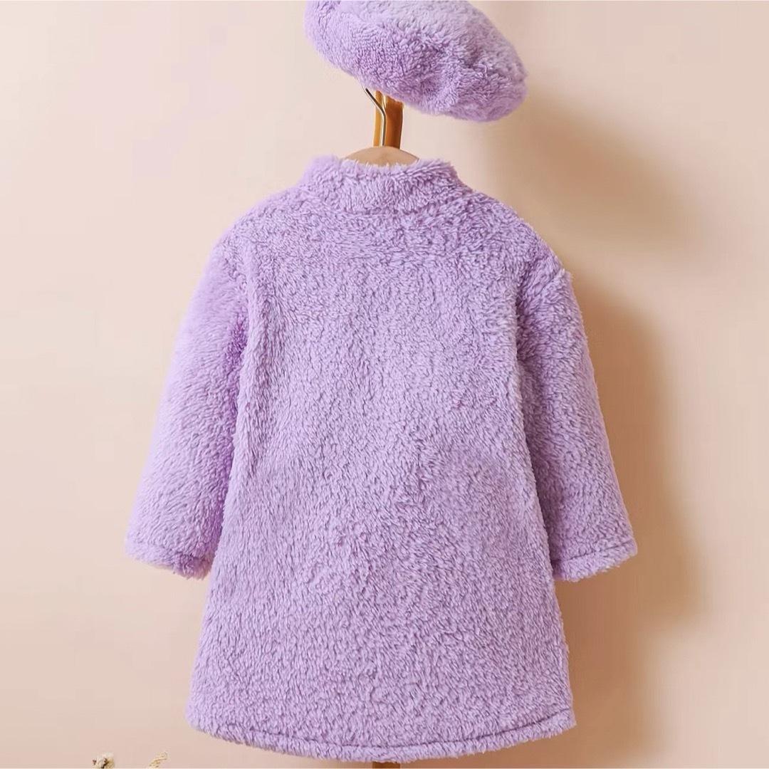 ふわふわ暖かキッズワンピースパープルベレー帽付120 キッズ/ベビー/マタニティのキッズ服女の子用(90cm~)(ワンピース)の商品写真